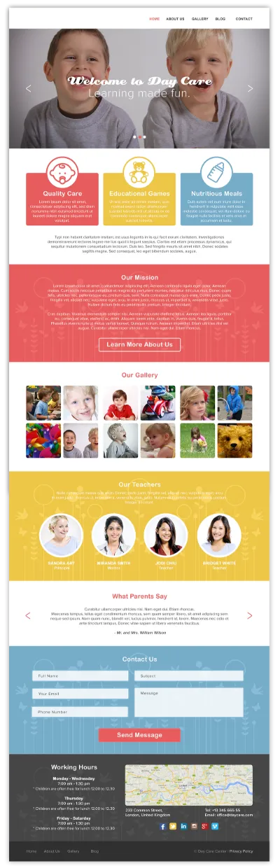 Sample long-scroll website concept for a day care, with programs, gallery, teachers and a contact form
