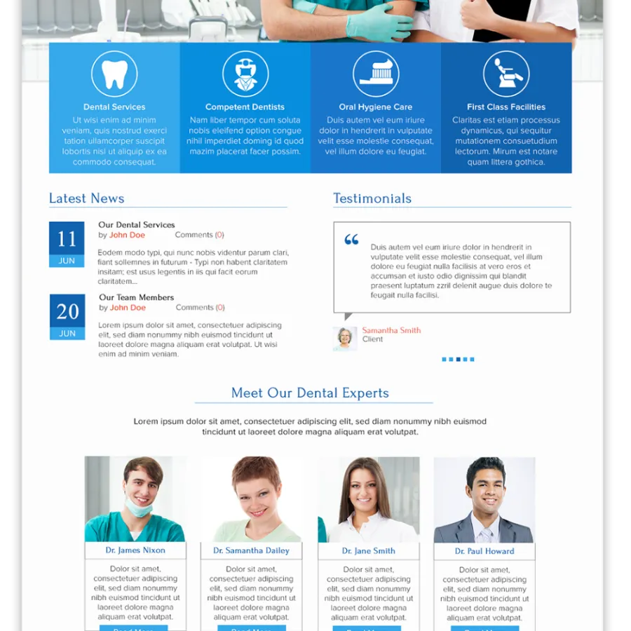 Sample website concept for a dental practice, with services, news, testimonials and team sections