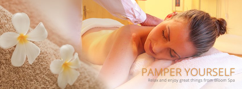 Sample spa Facebook cover reading Pamper Yourself, with a relaxing massage scene